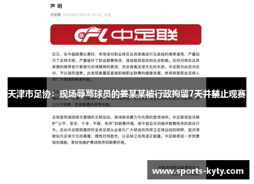 天津市足协：现场辱骂球员的姜某某被行政拘留7天并禁止观赛