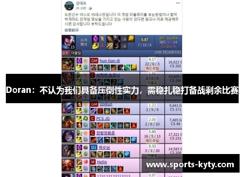 Doran：不认为我们具备压倒性实力，需稳扎稳打备战剩余比赛